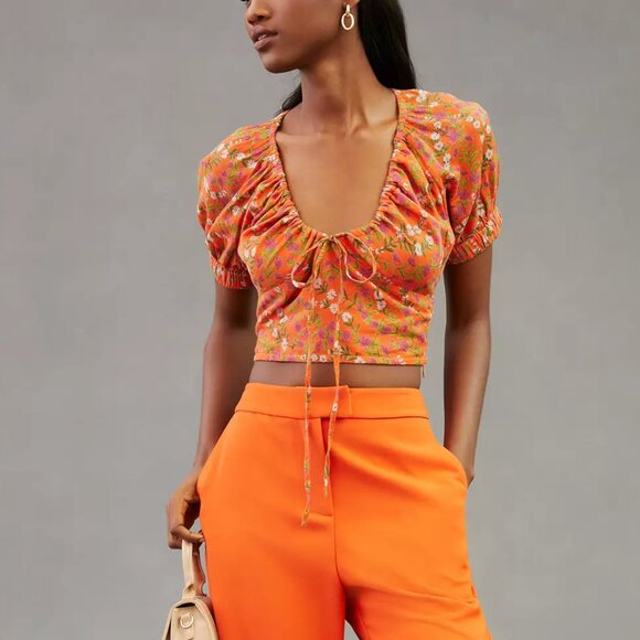 Anthropologie Banjanan Marilyn Crop Orange Floral cotton Top Beach Vacation M - Picture 1 of 9